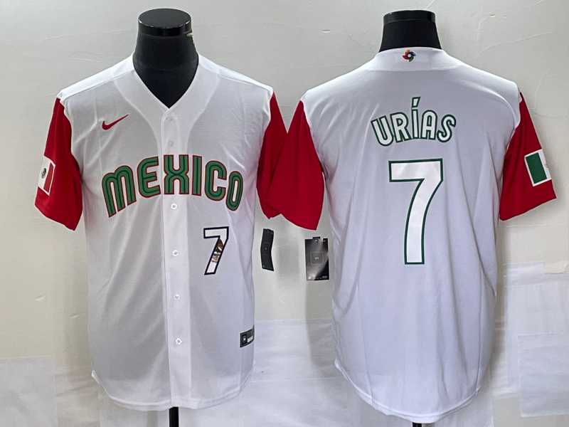 Mens Mexico Baseball #7 Julio Urias Number 2023 White Red World Classic Stitched Jersey32